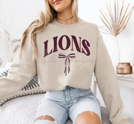 Maroon- Lions with bow- ivory sweatshirt